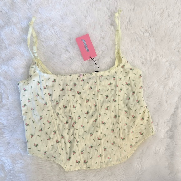 ✨3/$20 Edikted Rosey Printed Pointelle Corset Top pale yellow - Picture 3 of 5